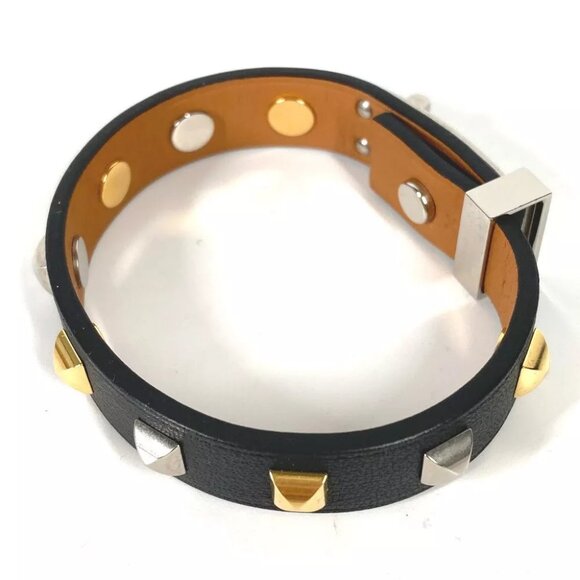 HERMES Studs Mini dog crew Carre Bangle accessories Bracelet Leather Black - Picture 7 of 11